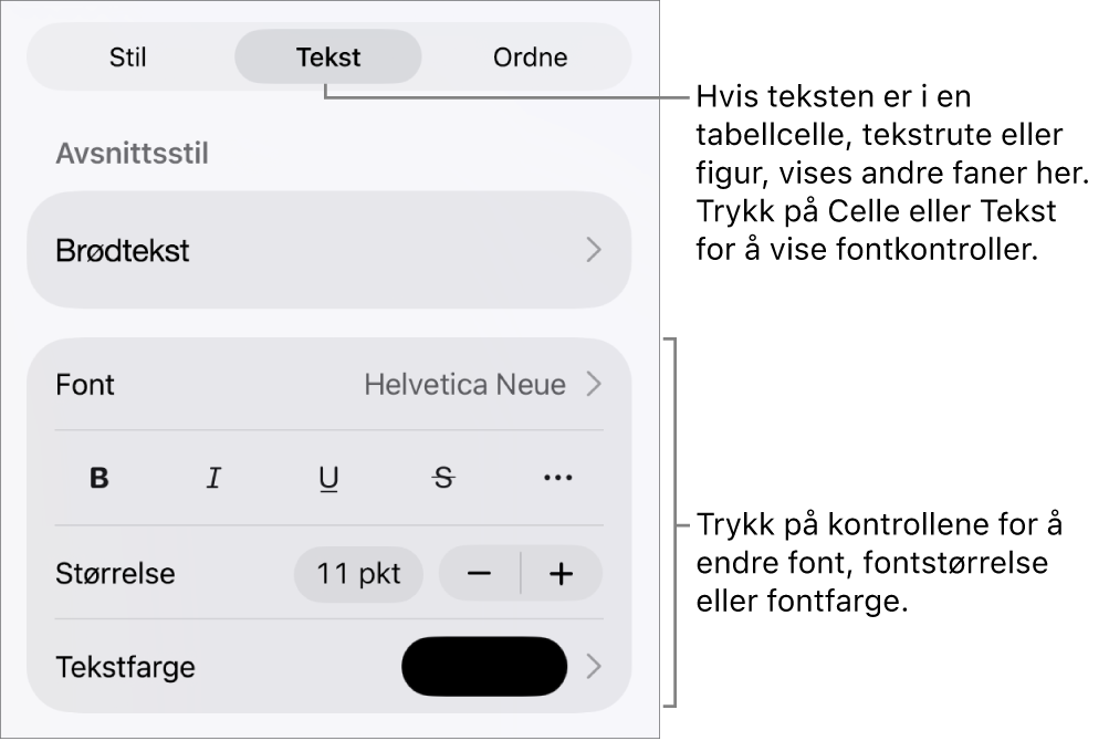 Tekstkontroller i Format-menyen for å angi avsnitts- og tegnstiler, font, størrelse og farge.