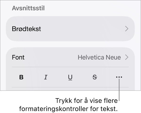 Tekst-fanen i Format-kontrollene, med en bildeforklaring til Flere tekstvalg-knappen.