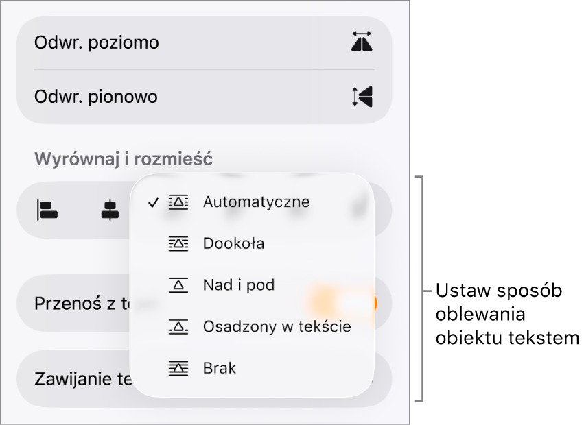 Narzędzia formatowania z zaznaczoną kartą Uporządkuj. Poniżej widoczne są narzędzia oblewania tekstem: Przenieś na wierzch/spód, Przenoś z tekstem oraz Oblewanie tekstem.