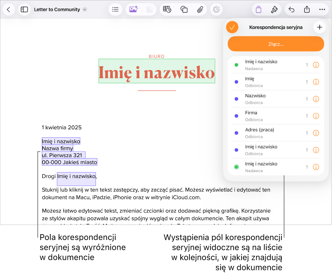 Dokument Pages z polami korespondencji seryjnej przeznaczonymi na adres odbiorcy i wyróżnionym tekstem, który zostanie zastąpiony. Widoczne jest menu Korespondencja seryjna z wystąpieniami pól korespondencji seryjnej.