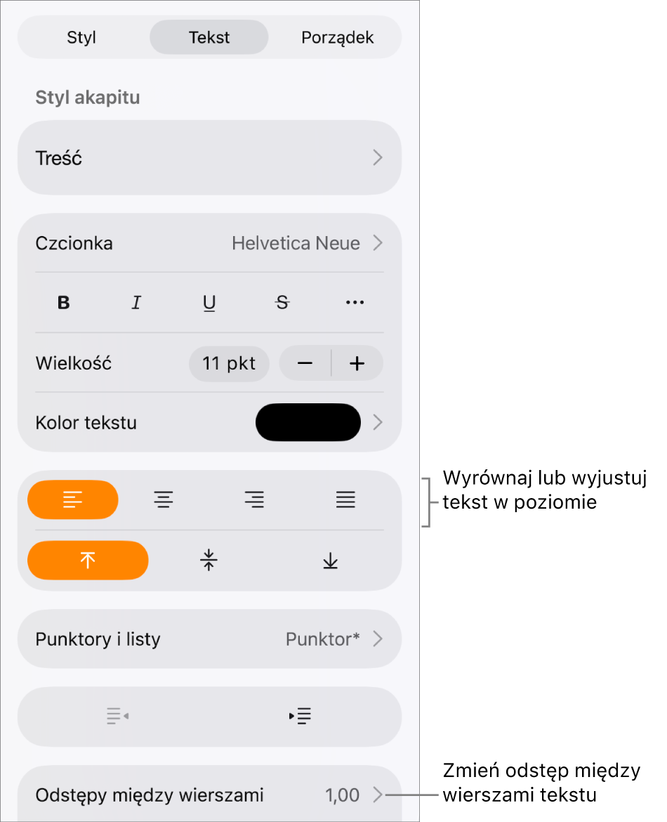 Zaznaczony jest przycisk narzędzi formatowania z kartą Tekst. Opisy wskazują przyciski wyrównywania tekstu oraz pozycję menu Odstępy między wierszami.