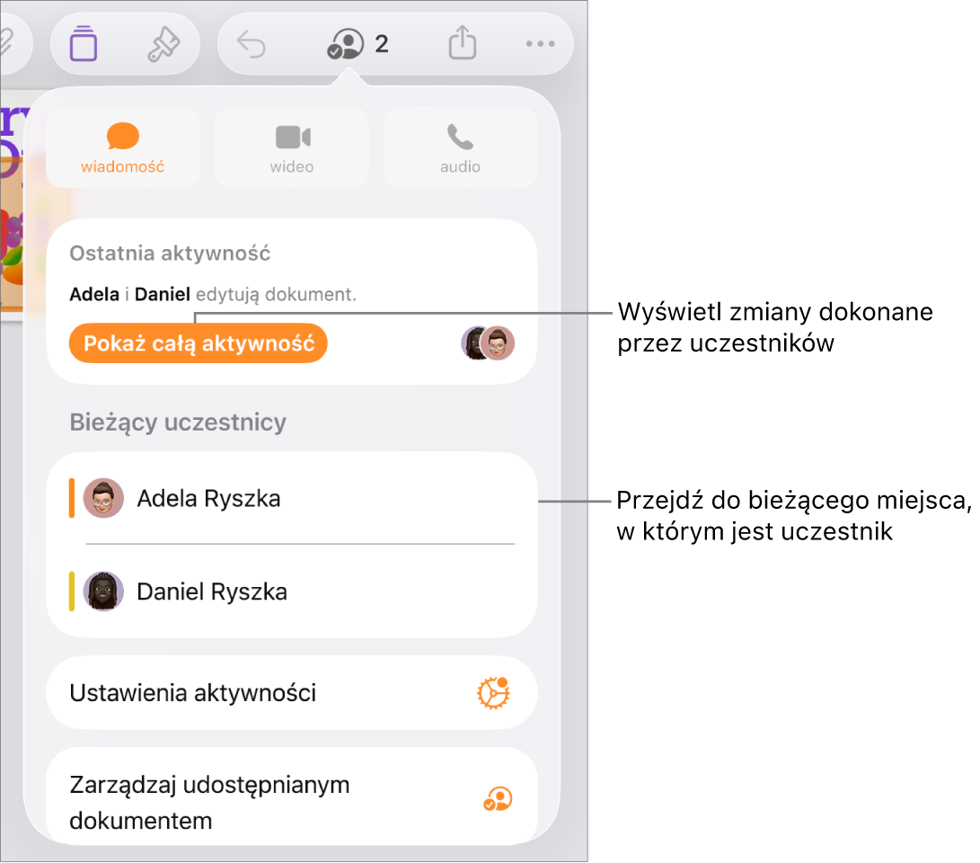 Menu współpracy z wymienionymi aktualnymi uczestnikami.