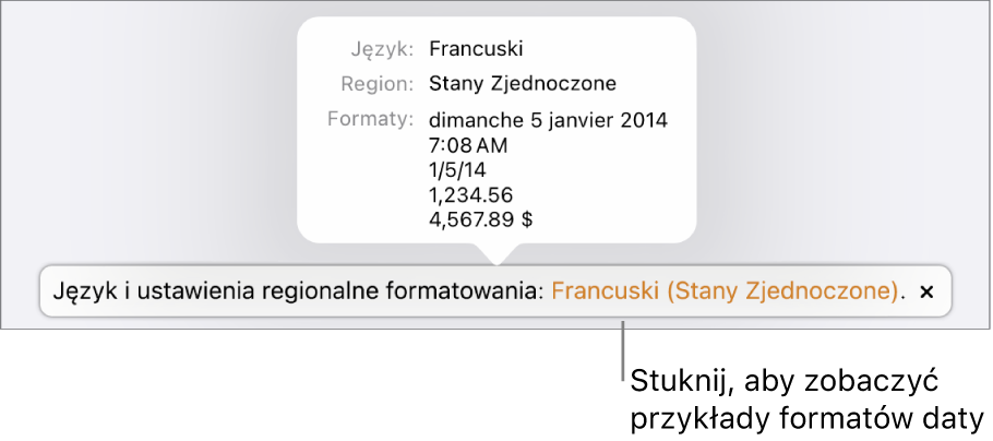 Powiadomienie o różnicy ustawień dotyczących języka i regionu, pokazujące przykłady formatowania używanego w wybranym języku i regionie.