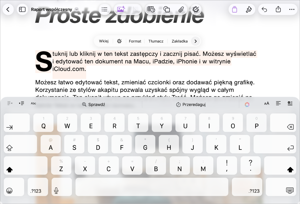 Dokument Pages z zaznaczonym tekstem zastępczym