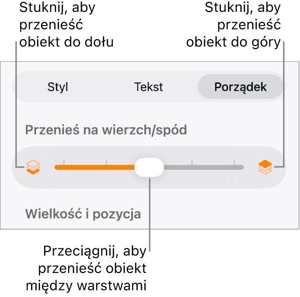 Przycisk przenoszenia niżej, przycisk przenoszenia wyżej i suwak warstw.