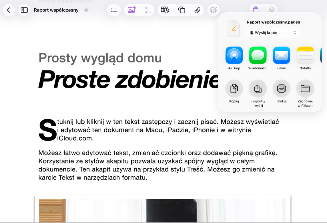 Dokument roboczy z otwartymi opcjami Udostępnij lub Eksportuj