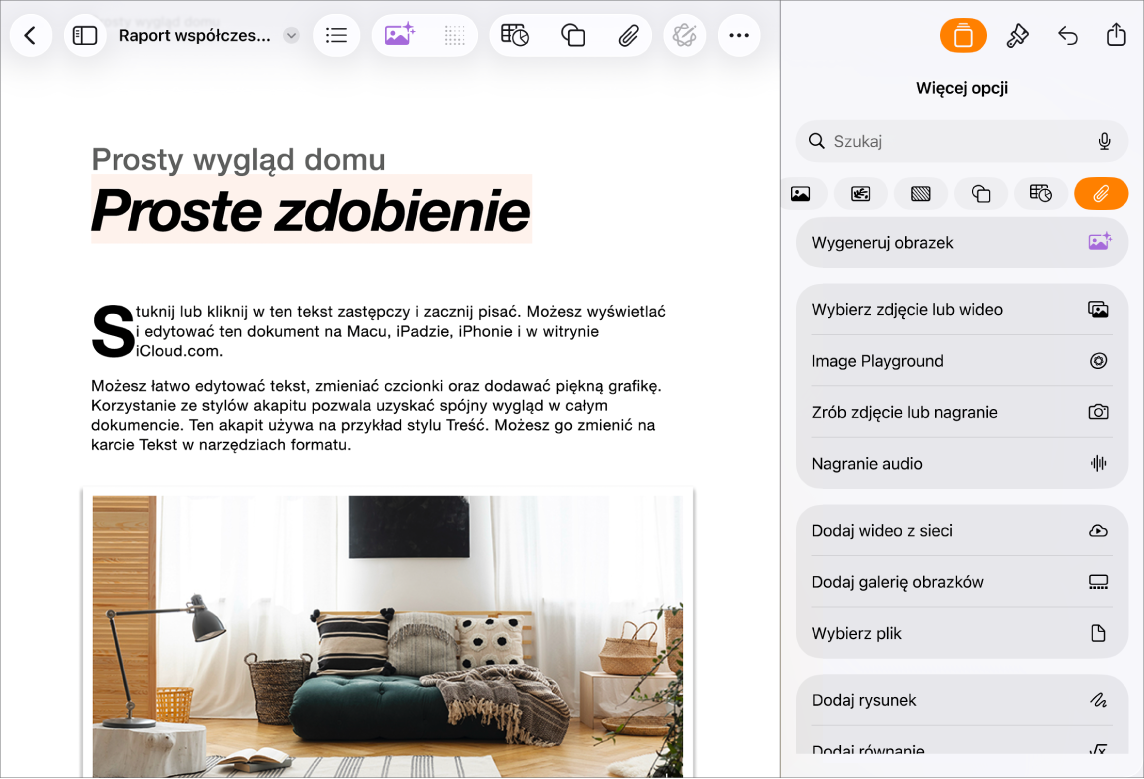 Otwarty dokument Pages z wyświetlonym menu Wstaw oraz otwartym menu multimediów