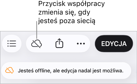 Alert zawierający następującą informację: Brak połączenia z siecią, ale edycja nadal jest możliwa.