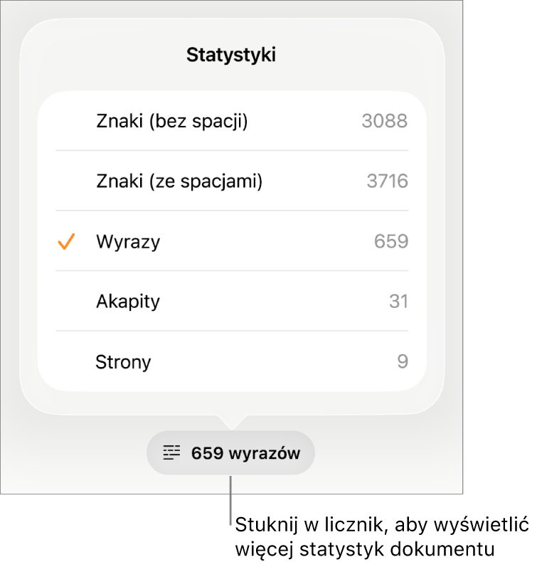 Licznik wyrazów z menu zawierającym opcje pozwalające na wybranie wyświetlania liczby znaków ze spacjami i bez spacji, liczby wyrazów, liczby akapitów oraz liczby stron.