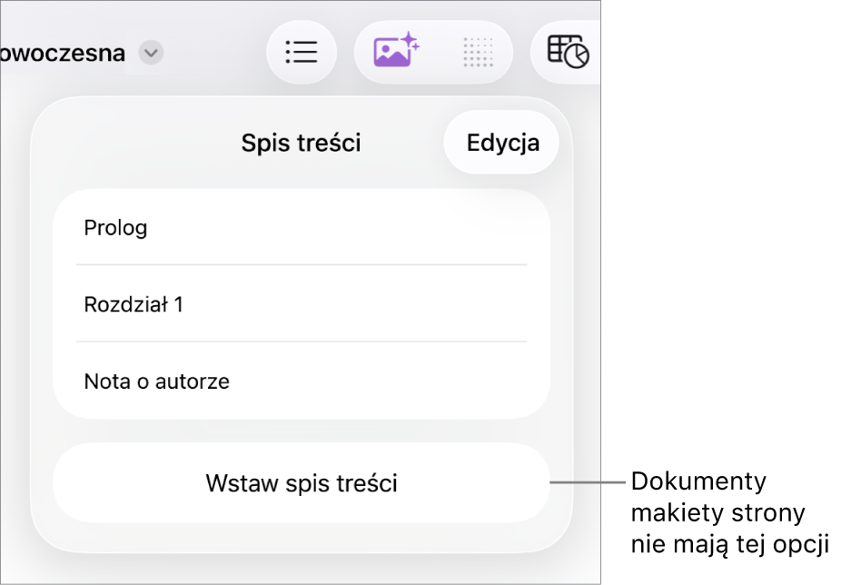 Widok spisu treści z przyciskiem Edycja w prawym górnym rogu, pozycjami spisu treści oraz przyciskiem Wstaw spis treści na dole.