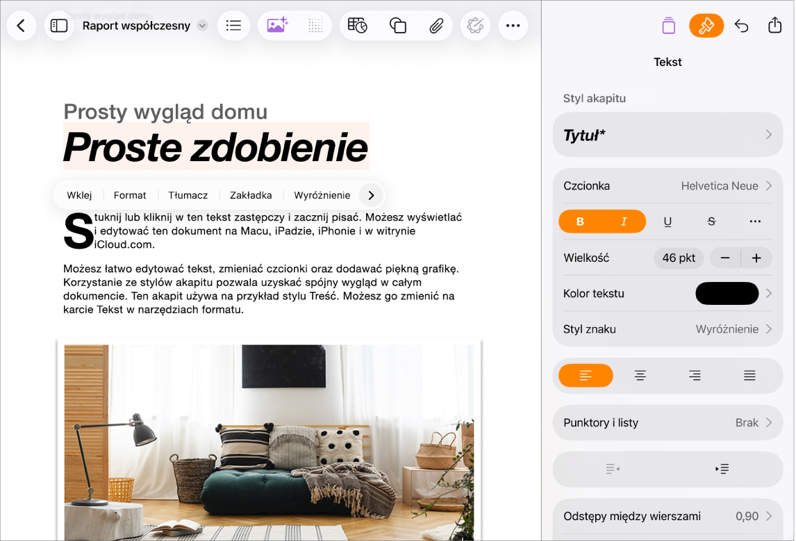 Otwarty dokument Pages z zaznaczonym tekstem oraz otwartymi opcjami formatowania tekstu