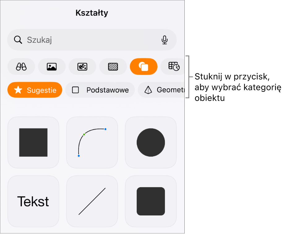 Narzędzia do dodawania obiektu; na górze widoczne są przyciski pozwalające wybrać tabele, wykresy, kształty (w tym linie i pola tekstowe) oraz multimedia.