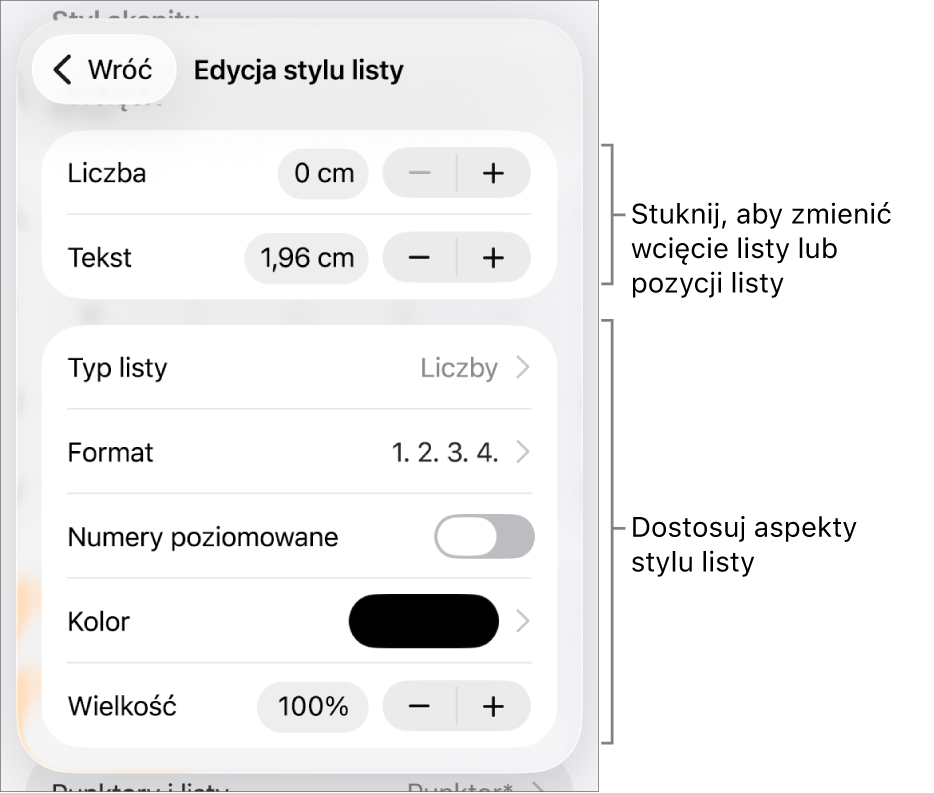 Menu Edycja stylu listy z narzędziami sterującymi wielkością wcięcia, typem i formatem listy, numerami warstw, kolorem i rozmiarem listy oraz numeracją ciągłą.