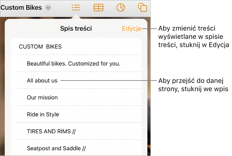 Widok spisu treści zawierający listę pozycji. W prawym górnym rogu okna widoczny jest przycisk Edycja.