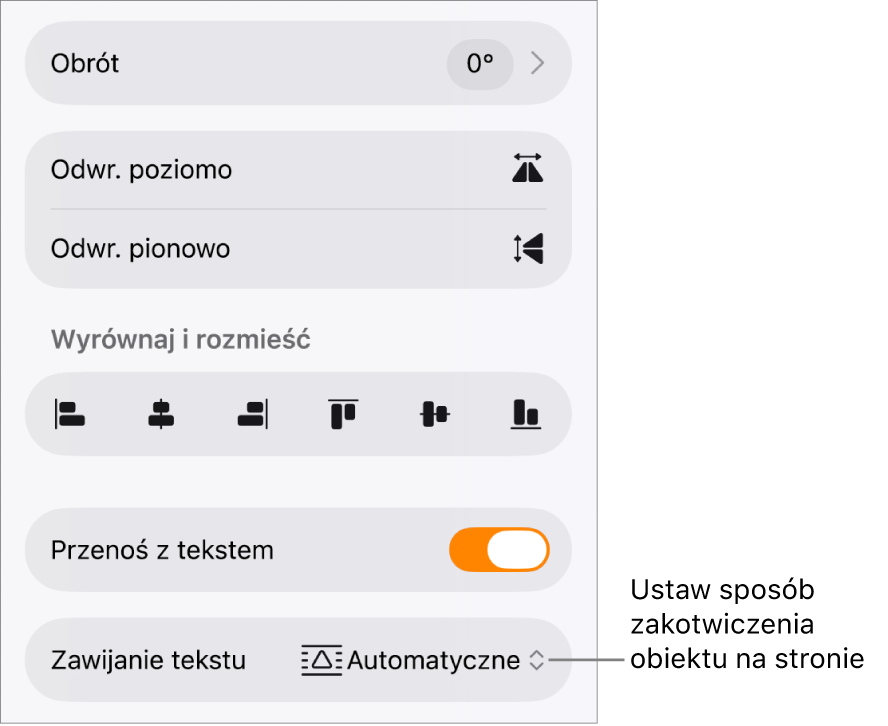 Narzędzia formatowania z zaznaczoną kartą Uporządkuj. Widoczne są narzędzia: Przenieś na wierzch/spód, Przenoś z tekstem i Oblewanie tekstem.