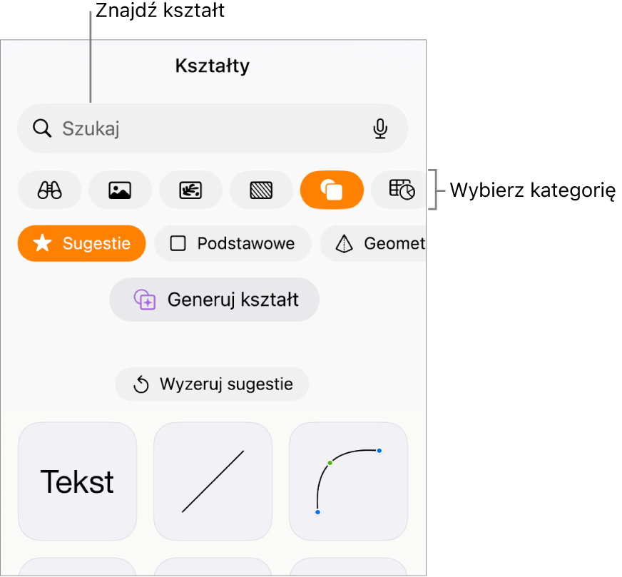 Biblioteka kształtów, na górze widoczne są kategorie, a na dole kształty. Możesz użyć znajdującego się na górze pola wyszukiwania, aby wyszukiwać kształty. Przesuń palcem, aby zobaczyć ich więcej.