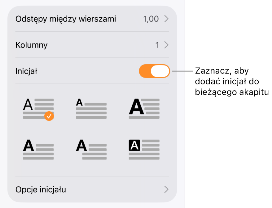 Narzędzia inicjału znajdujące się w menu Tekst.