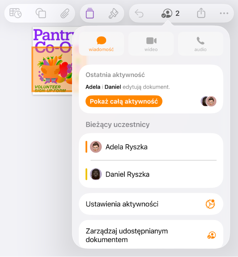 Menu współpracy zawierające nazwiska osób wspólnie pracujących nad dokumentem.