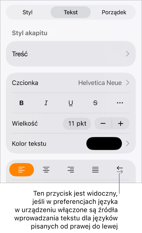 Narzędzia tekstu w menu Format z objaśnieniem wskazującym przycisk Od prawej do lewej.