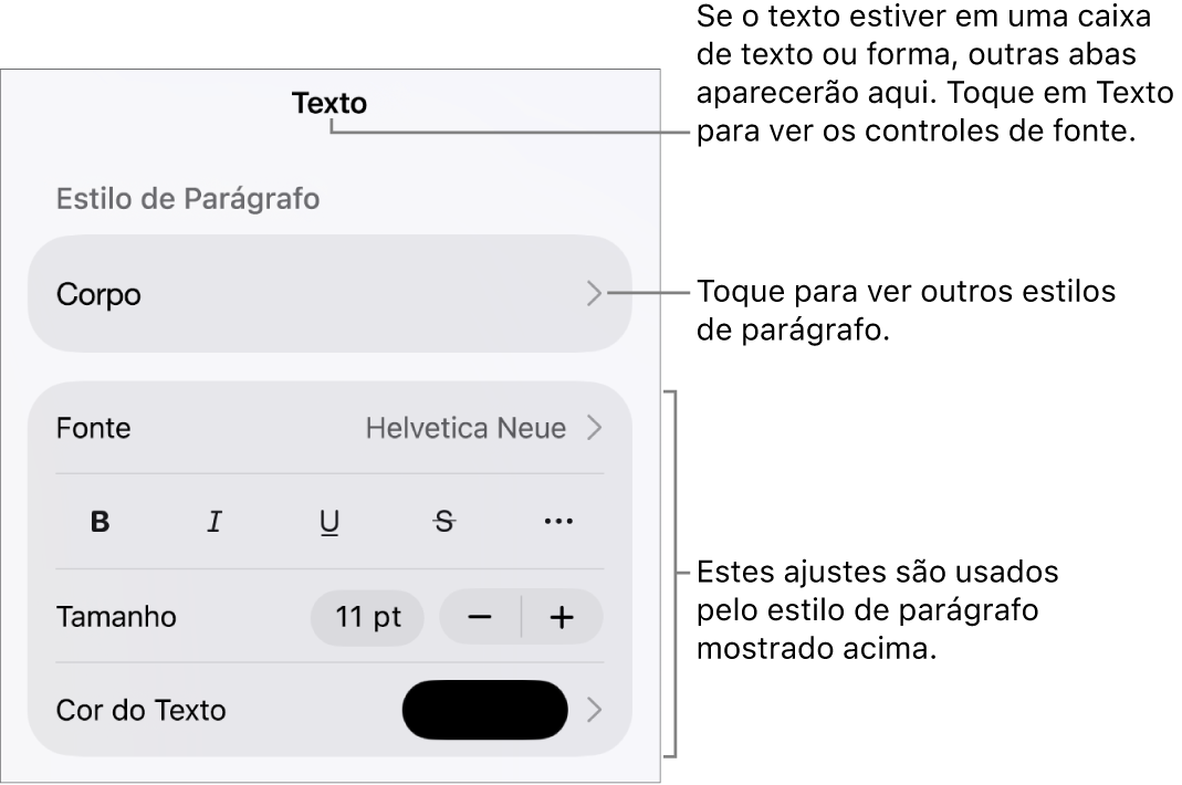 O menu Formatar, mostrando controles de texto para definir estilo, fonte, tamanho e cor de caractere e parágrafo.