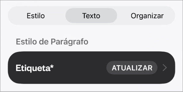 Estilo de parágrafo Corpo com um asterisco ao lado e um botão Atualizar à direita.