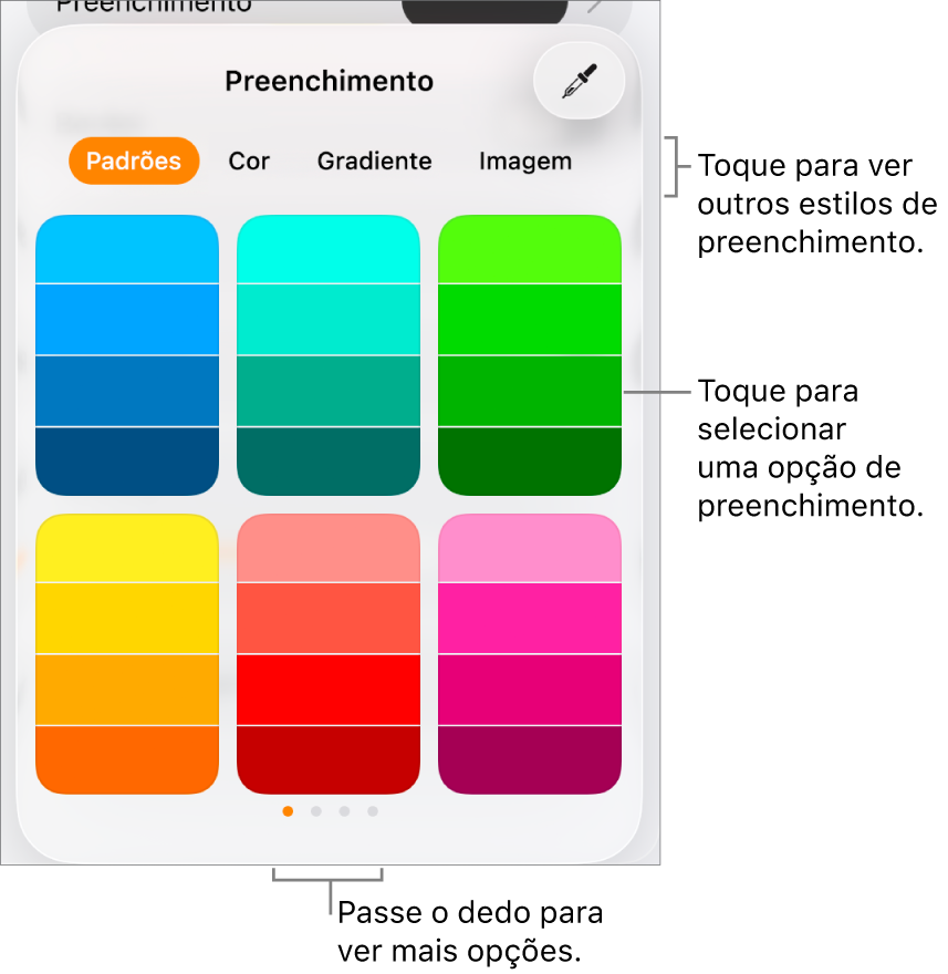 Opções de preenchimento na aba Estilo do botão Formatar.