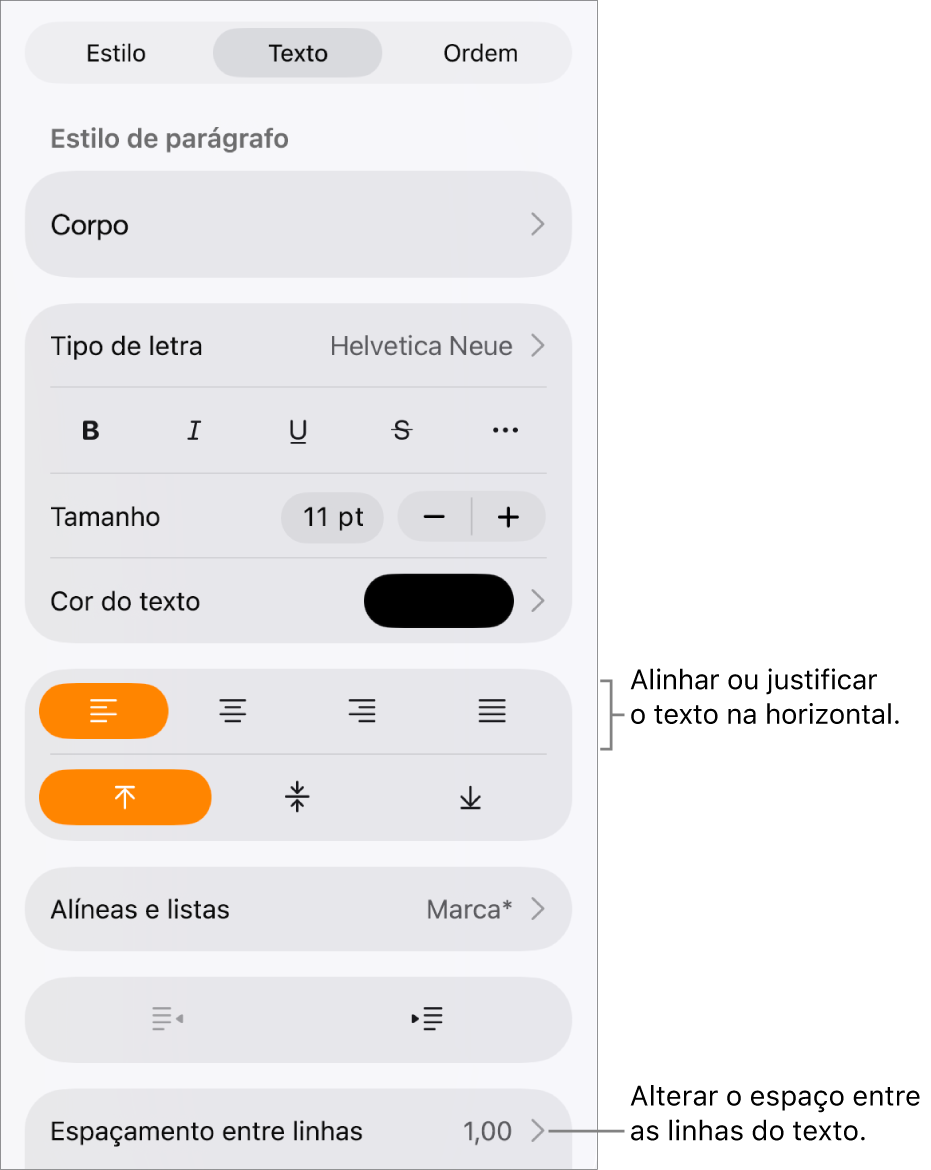 O botão dos controlos de "Formatação” com o separador "Texto” selecionado e chamadas para os botões de alinhamento de texto e para o elemento de menu “Espaçamento entre linhas”.