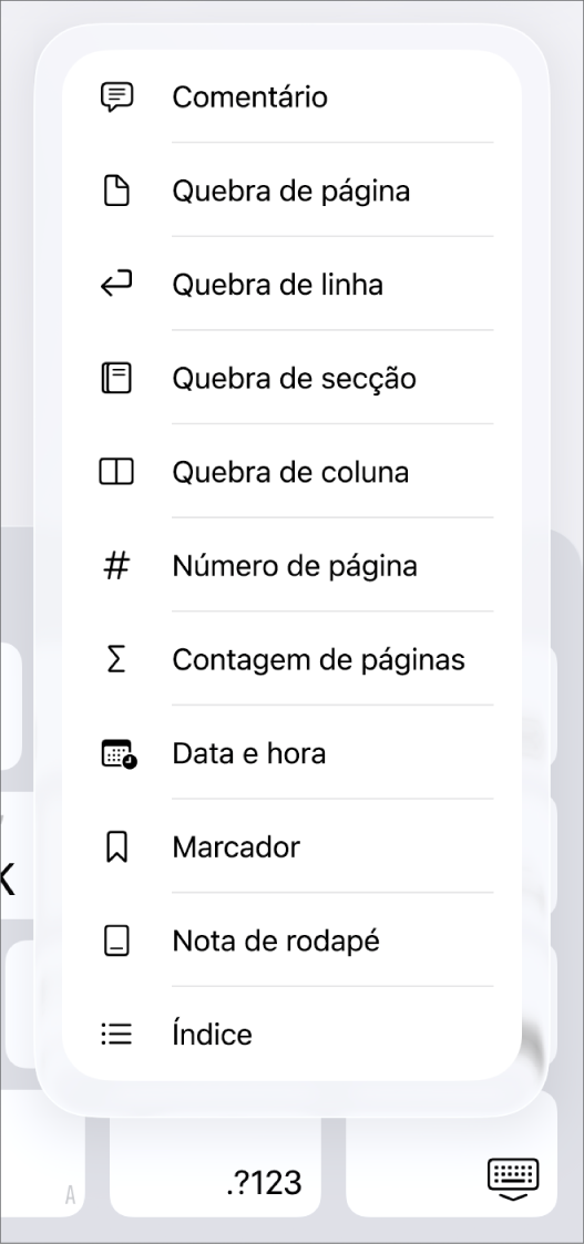 A barra de atalhos com os controlos “Inserir” abertos por cima do botão "Inserir”.