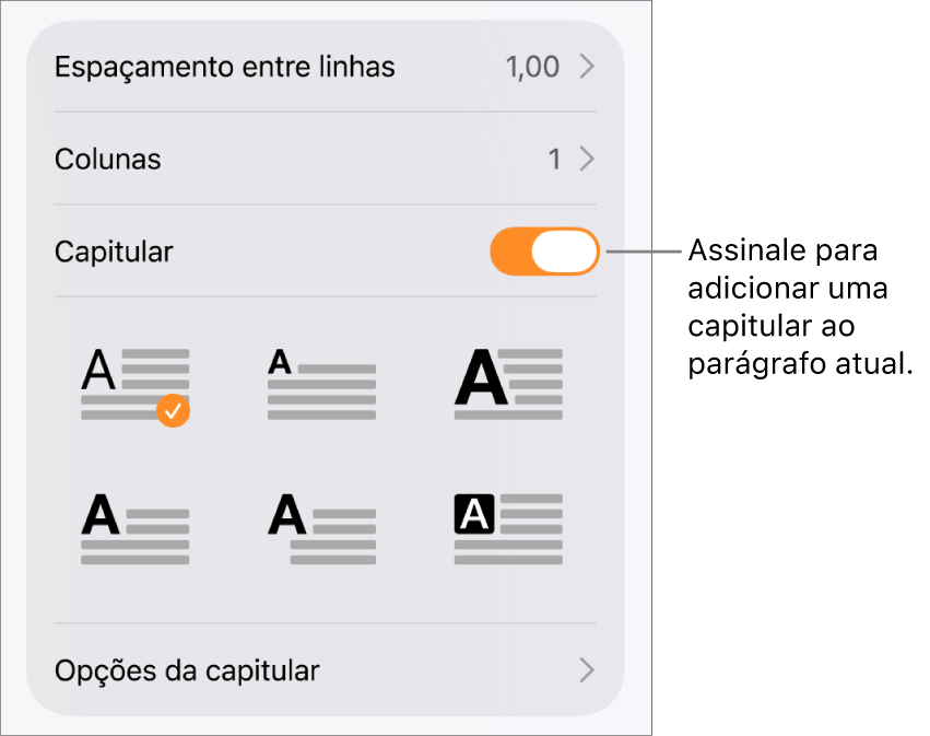 Os controlos de "Capitular” no menu “Texto”.