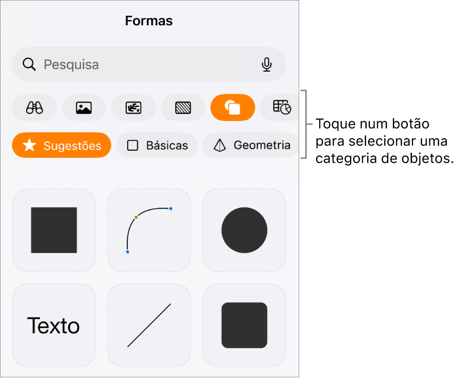 Os controlos para adicionar um objeto, com botões na parte superior para escolher tabelas, gráficos, formas (incluindo linhas e caixas de texto) e multimédia.