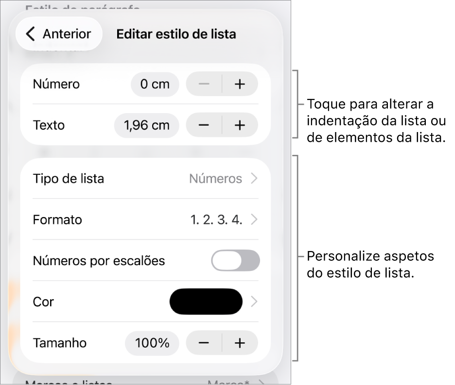 O menu “Editar estilo de lista” com controlos para espaçamento, tipo de lista e formatação, números por escalões, cor e tamanho da lista e numeração contínua.