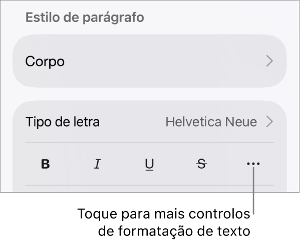O separador “Texto” nos controlos de formatação com uma chamada para o botão "Mais opções de texto”.