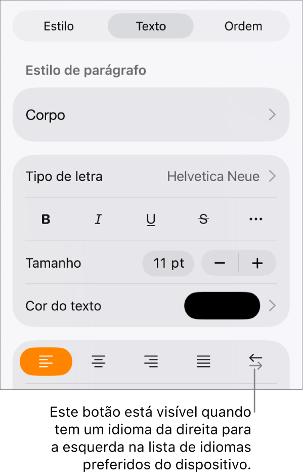 Controlos de texto no menu "Formatação” com uma chamada a apontar para o botão “Da direita para a esquerda”.