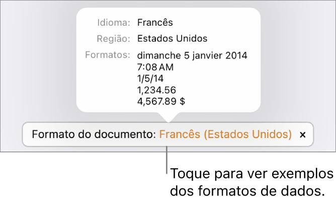 A notificação da definição diferente do idioma e região, apresentando exemplos da formatação nesse idioma e região.