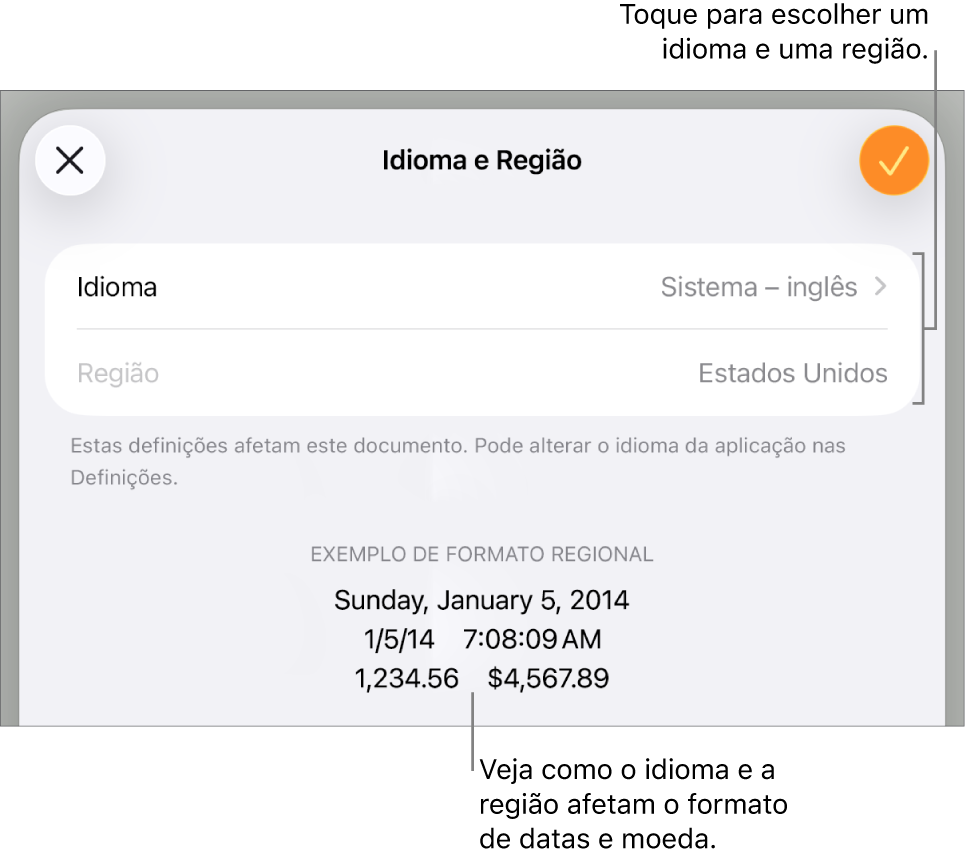 O painel “Idioma e região” com controlos de idioma e região e um exemplo da formatação, incluindo data, hora, decimal e moeda.