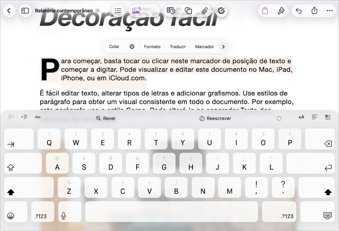 Um documento do Pages aberto com o marcador de posição de texto selecionado.
