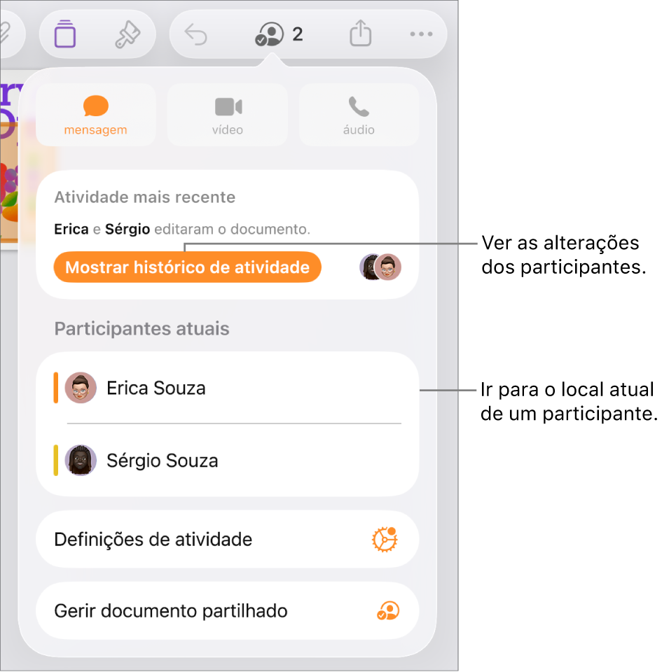 O menu de colaboração com os participantes atuais listados.