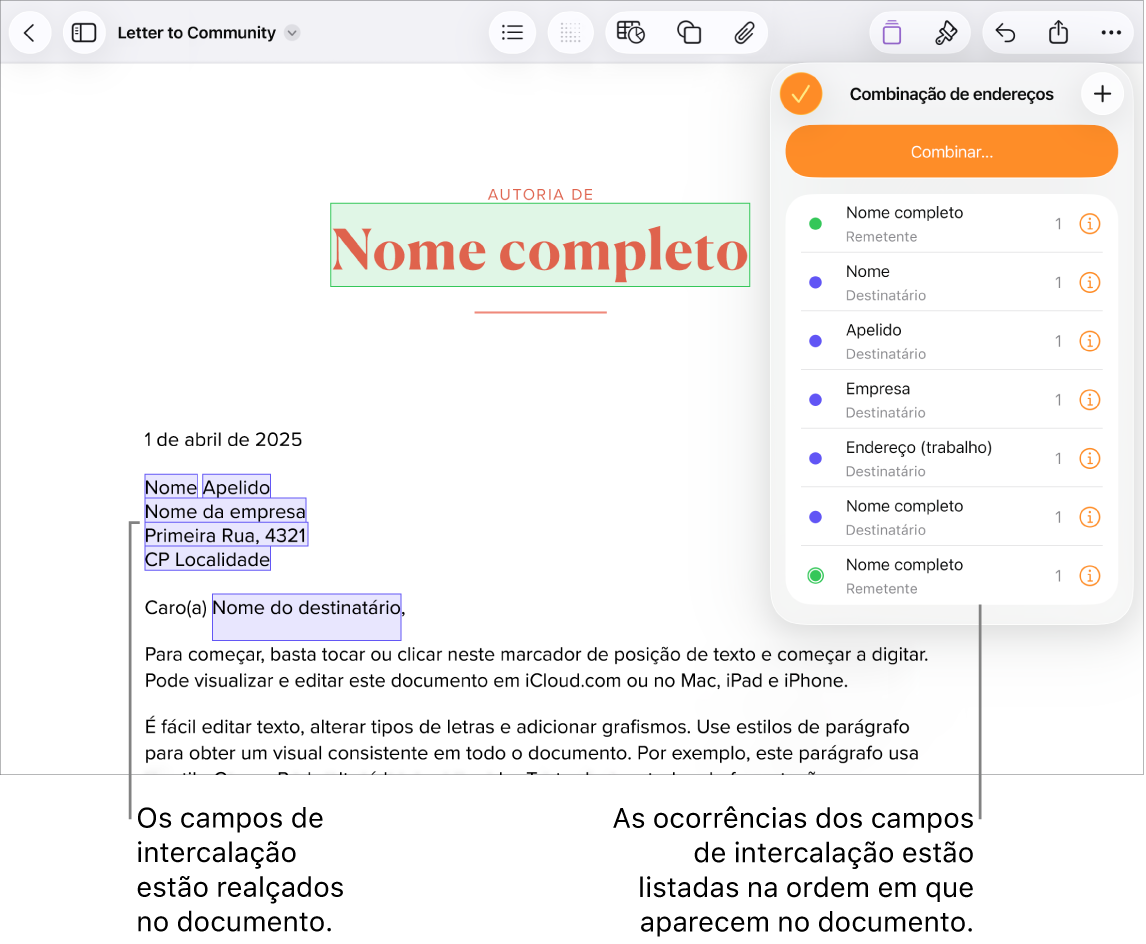 Documento do Pages com os campos de intercalação dos endereços de destinatário a destacar o marcador de posição de texto que será substituído e as ocorrências do campo de intercalação listadas no menu “Intercalação de endereços”.