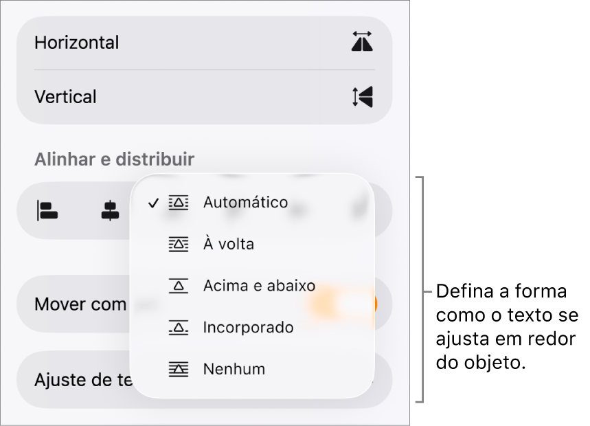Os controlos de "Formatação” com o separador "Ordem” selecionado. Por baixo estão os controlos “Ajuste de texto” com “Passar para a frente/para trás”, “Mover com texto” e “Ajuste de texto”.
