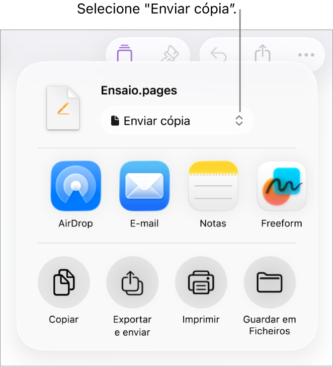 O menu “Partilhar” com “Enviar cópia” selecionada na parte superior.
