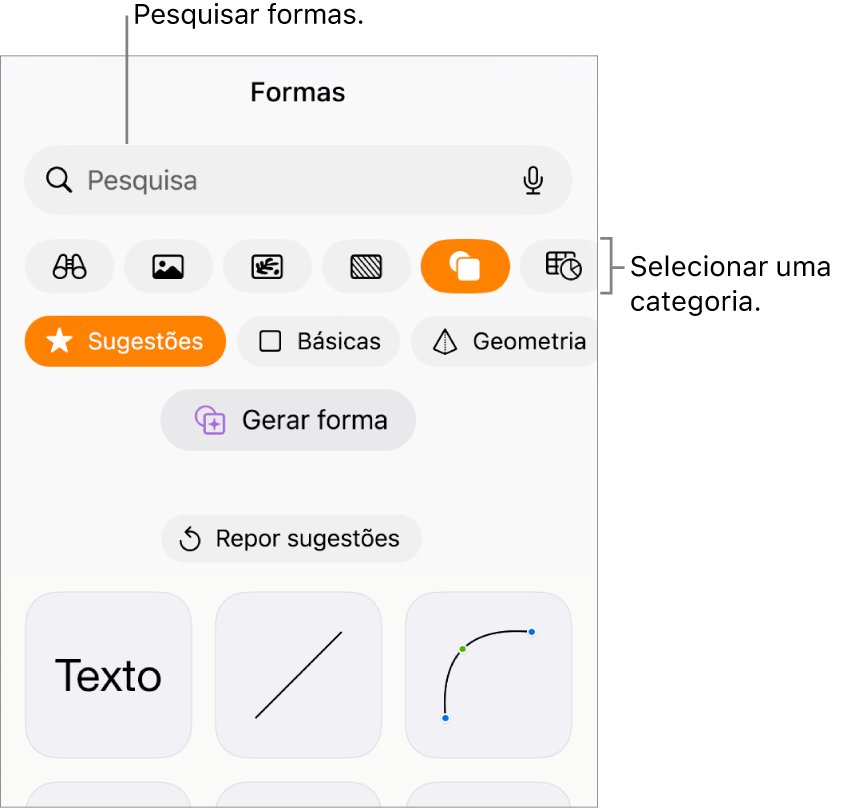 A biblioteca de formas, com as categorias exibidas na parte superior e as formas na parte inferior. É possível usar o campo de pesquisa na parte superior para encontrar formas e passar o dedo para ver mais.