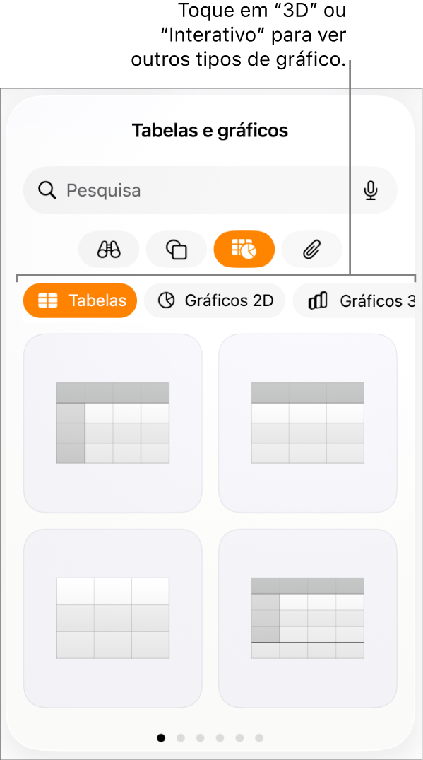 O menu “Adicionar gráfico” a mostrar gráficos 2D.