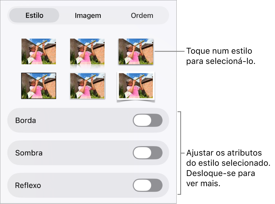 O separador "Estilo” do menu "Formatação” com estilos de objeto na parte superior e controlos por baixo para alterar a borda, sombreado, reflexo e opacidade.