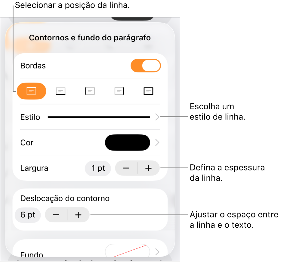 Controlos para alterar o estilo de linha, a espessura, a posição e a cor.