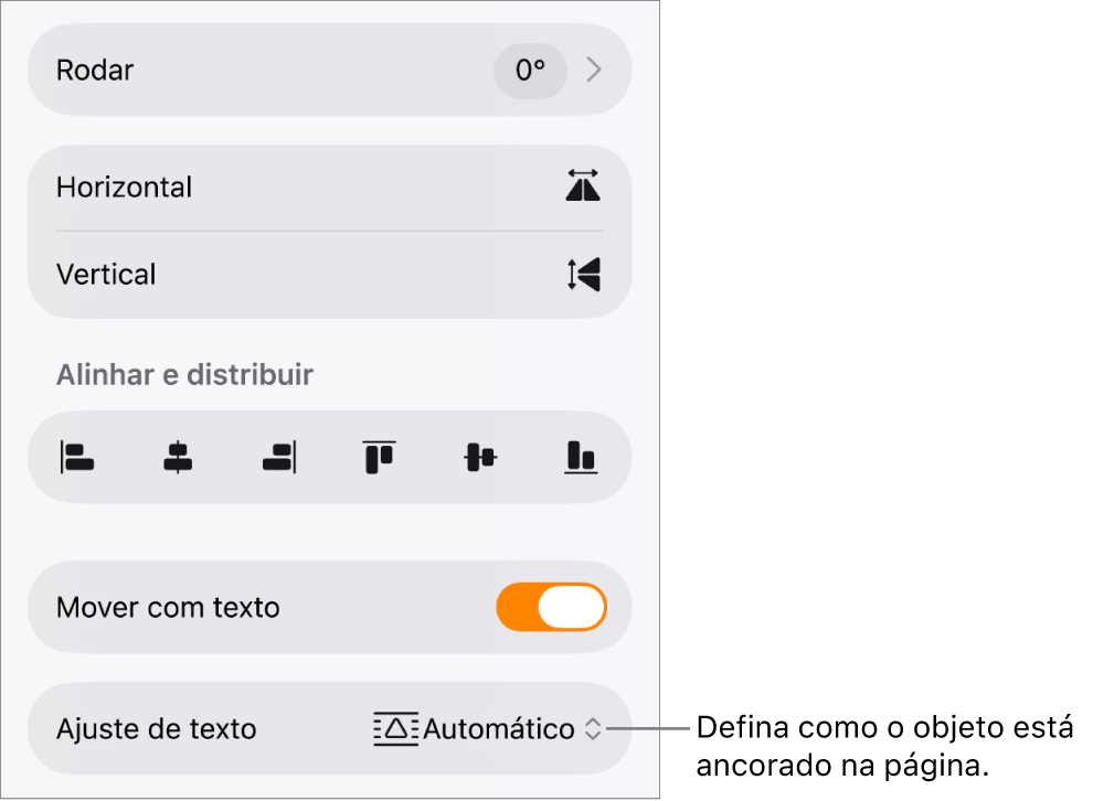 Os controlos de “Formatação” com o separador "Ordem” selecionado e os controlos para “Passar para a frente/para trás”, “Mover com texto” e “Ajuste de texto”.
