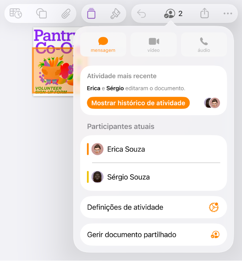 O menu de colaboração a apresentar os nomes das pessoas que estão a colaborar no documento.