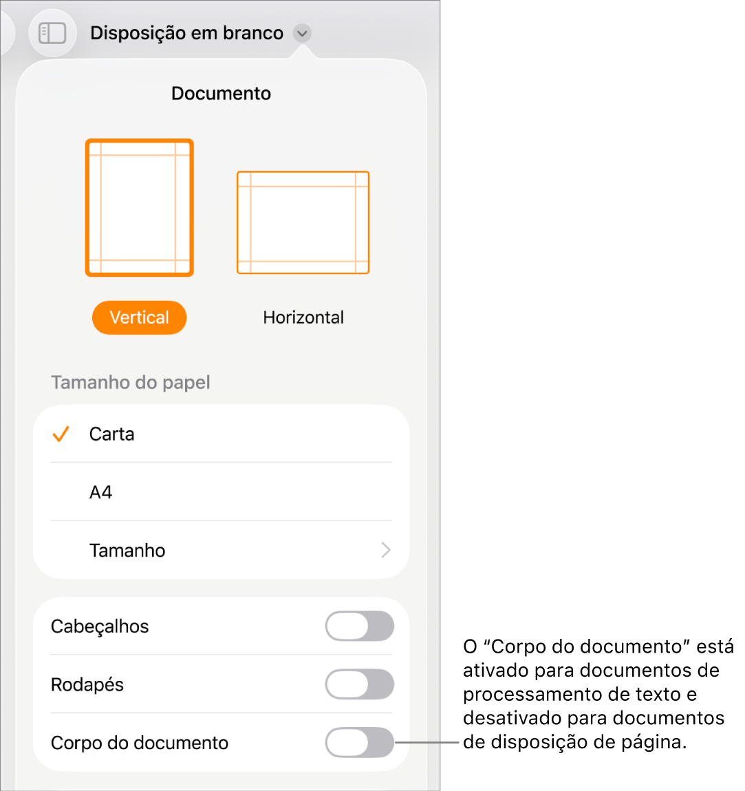 Os controlos de formatação de “Documento” com a opção “Corpo do documento” ativada perto da parte inferior do ecrã