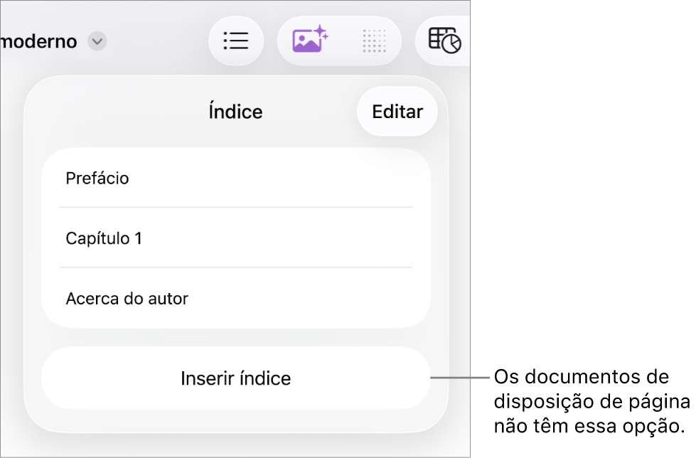 A vista de índice com “Editar” no canto superior direito, as entradas do índice e o botão “Inserir índice” na parte inferior.