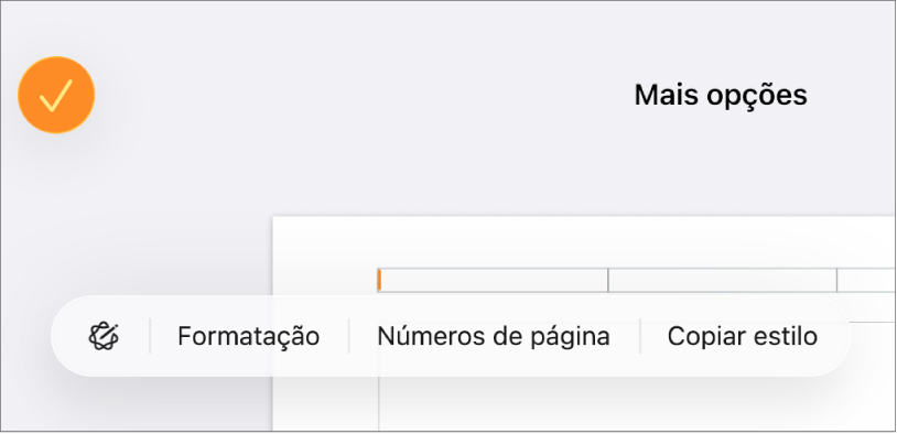 Três campos de cabeçalho com o ponto de inserção no campo do centro e um menu pop-up a mostrar “Números de página”.