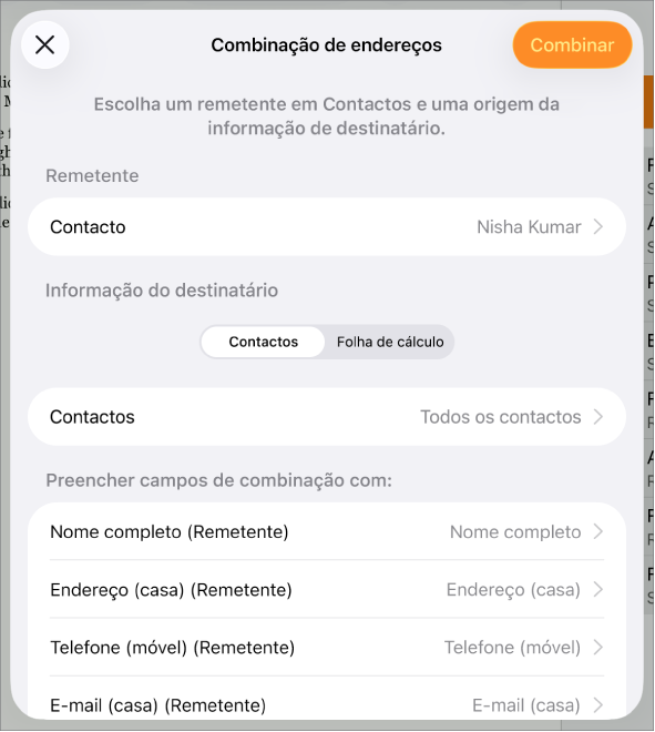 O painel “Intercalação de endereços” está aberto, com opções para selecionar a informação do remetente, alterar o ficheiro ou a tabela de origem, pré-visualizar os nomes dos campos de intercalação ou intercalar o documento.
